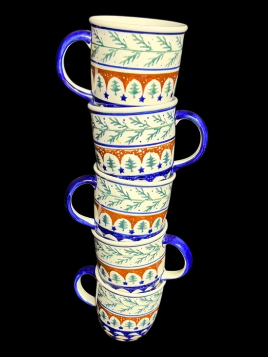Polish Pottery Other - Polish Pottery Mugs set of 6 with Blue Handles and Festive Tree Pattern